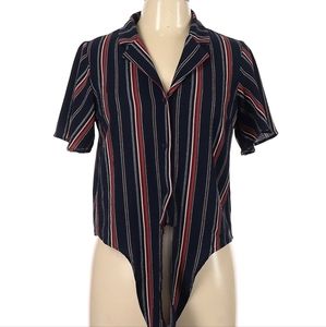 Monteau Tie Up Mid Length Short Sleeve Blouse - Size L - Navy, Red, and White